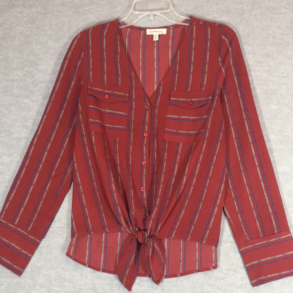 MONTEAU Brick Red Classic Style 2 Pocket Tie Front V-Neck Long Sleeve Shirt